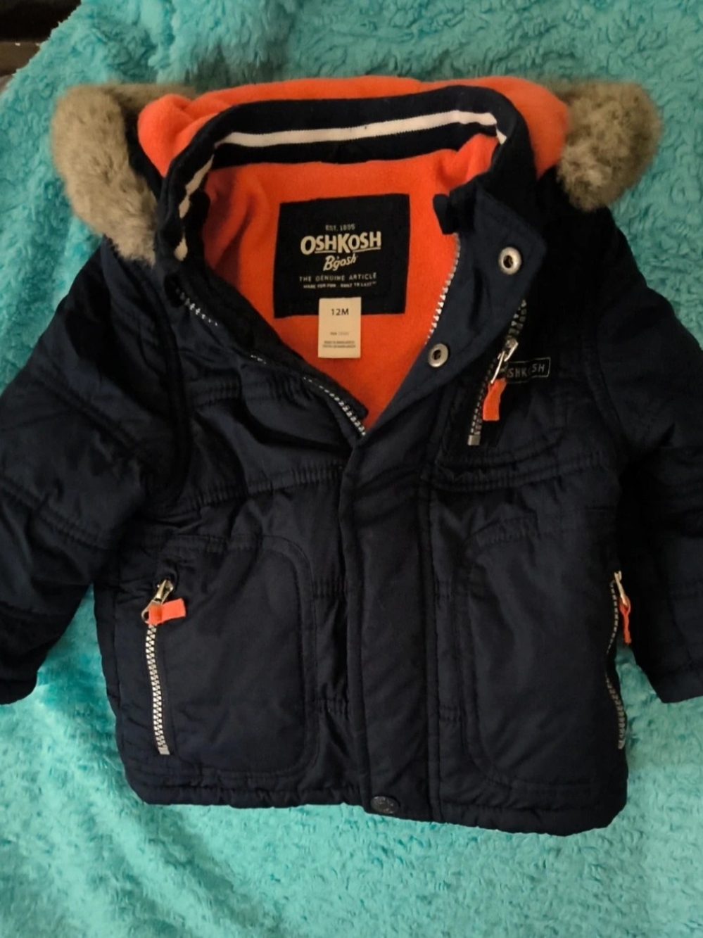 OshKosh B'gosh Navy Hooded Puffer with Orange Lining